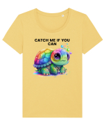 Broasca testoasa pictata in acuarela cu mesajul Catch Me If You Can Tricou mânecă scurtă guler larg fitted Damă Expresser