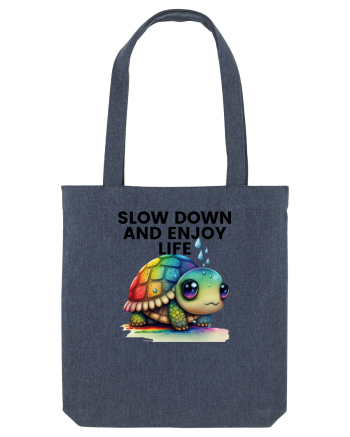 Broasca testoasa pictata in acuarela cu mesajul  Slow Down and Enjoy Life Midnight Blue
