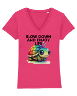 Broasca testoasa pictata in acuarela cu mesajul  Slow Down and Enjoy Life Tricou mânecă scurtă guler V Damă Evoker