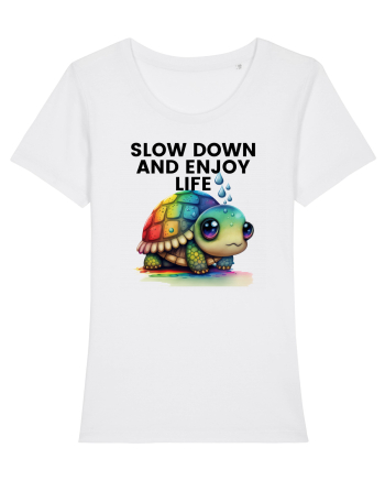 Broasca testoasa pictata in acuarela cu mesajul  Slow Down and Enjoy Life White