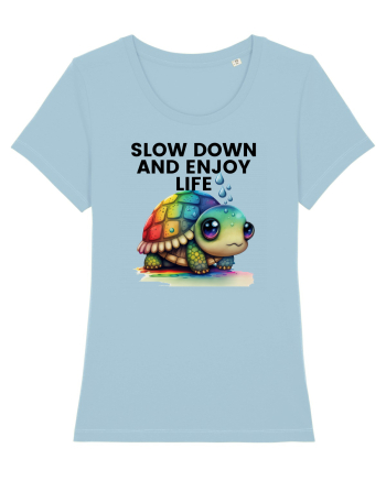 Broasca testoasa pictata in acuarela cu mesajul  Slow Down and Enjoy Life Sky Blue