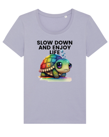 Broasca testoasa pictata in acuarela cu mesajul  Slow Down and Enjoy Life Lavender
