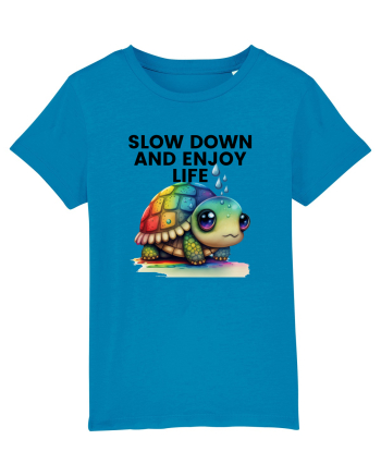 Broasca testoasa pictata in acuarela cu mesajul  Slow Down and Enjoy Life Azur