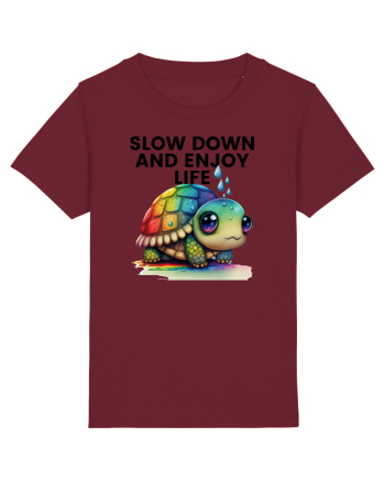 Broasca testoasa pictata in acuarela cu mesajul  Slow Down and Enjoy Life Burgundy