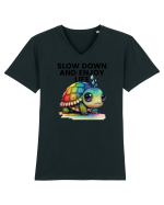 Broasca testoasa pictata in acuarela cu mesajul  Slow Down and Enjoy Life Tricou mânecă scurtă guler V Bărbat Presenter