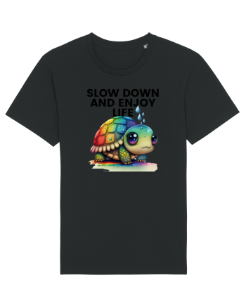 Broasca testoasa pictata in acuarela cu mesajul  Slow Down and Enjoy Life Black