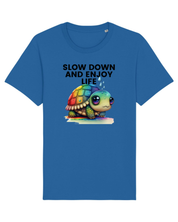 Broasca testoasa pictata in acuarela cu mesajul  Slow Down and Enjoy Life Royal Blue