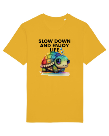 Broasca testoasa pictata in acuarela cu mesajul  Slow Down and Enjoy Life Spectra Yellow