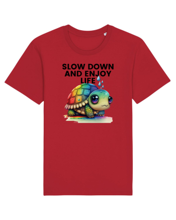 Broasca testoasa pictata in acuarela cu mesajul  Slow Down and Enjoy Life Red