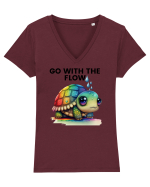 Broasca testoasa pictata in acuarela cu mesajul  Go with the Flow Tricou mânecă scurtă guler V Damă Evoker