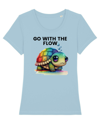 Broasca testoasa pictata in acuarela cu mesajul  Go with the Flow Sky Blue