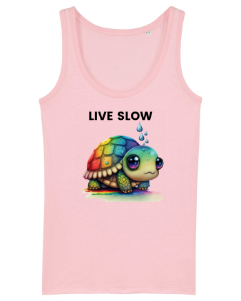 Broasca testoasa pictata in acuarela cu mesajul Live Slow Cotton Pink