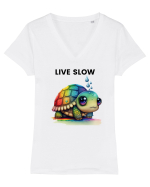 Broasca testoasa pictata in acuarela cu mesajul Live Slow Tricou mânecă scurtă guler V Damă Evoker