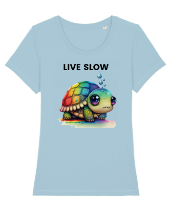Broasca testoasa pictata in acuarela cu mesajul Live Slow Sky Blue