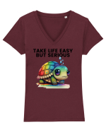 Broasca testoasa pictata in acuarela cu mesajul Take Life Easy but Serious Tricou mânecă scurtă guler V Damă Evoker