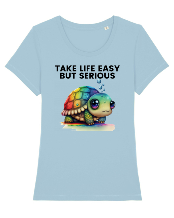 Broasca testoasa pictata in acuarela cu mesajul Take Life Easy but Serious Sky Blue
