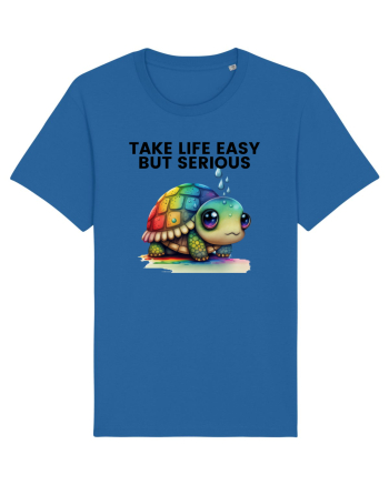 Broasca testoasa pictata in acuarela cu mesajul Take Life Easy but Serious Royal Blue