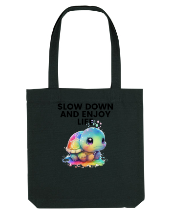Broasca testoasa pictata in acuarela cu mesajul  Slow Down and Enjoy Life Black
