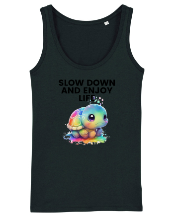 Broasca testoasa pictata in acuarela cu mesajul  Slow Down and Enjoy Life Black