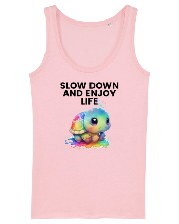 Broasca testoasa pictata in acuarela cu mesajul  Slow Down and Enjoy Life Cotton Pink