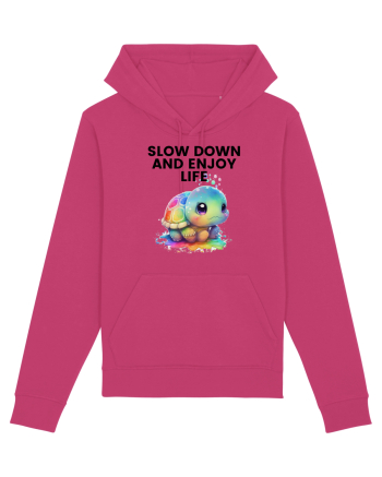 Broasca testoasa pictata in acuarela cu mesajul  Slow Down and Enjoy Life Raspberry