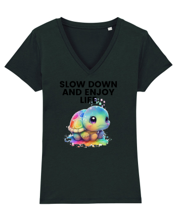 Broasca testoasa pictata in acuarela cu mesajul  Slow Down and Enjoy Life Black
