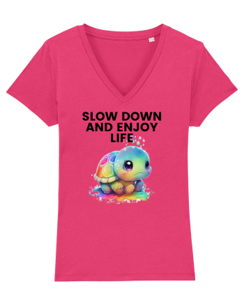 Broasca testoasa pictata in acuarela cu mesajul  Slow Down and Enjoy Life Raspberry