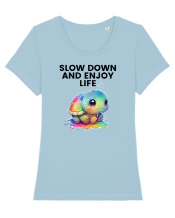Broasca testoasa pictata in acuarela cu mesajul  Slow Down and Enjoy Life Sky Blue