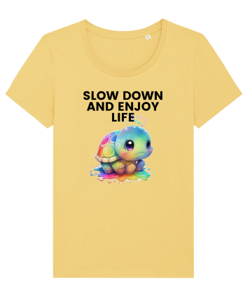 Broasca testoasa pictata in acuarela cu mesajul  Slow Down and Enjoy Life Jojoba
