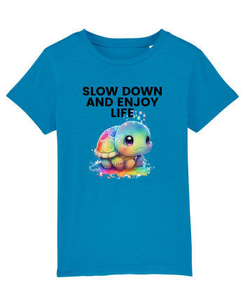 Broasca testoasa pictata in acuarela cu mesajul  Slow Down and Enjoy Life Azur
