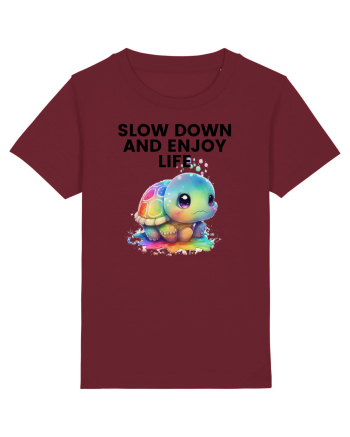 Broasca testoasa pictata in acuarela cu mesajul  Slow Down and Enjoy Life Burgundy