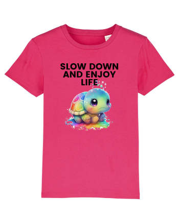 Broasca testoasa pictata in acuarela cu mesajul  Slow Down and Enjoy Life Raspberry