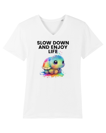 Broasca testoasa pictata in acuarela cu mesajul  Slow Down and Enjoy Life White
