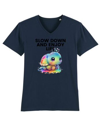 Broasca testoasa pictata in acuarela cu mesajul  Slow Down and Enjoy Life French Navy