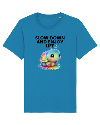 Broasca testoasa pictata in acuarela cu mesajul  Slow Down and Enjoy Life Azur