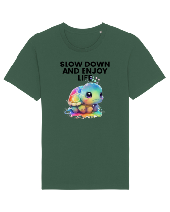 Broasca testoasa pictata in acuarela cu mesajul  Slow Down and Enjoy Life Bottle Green