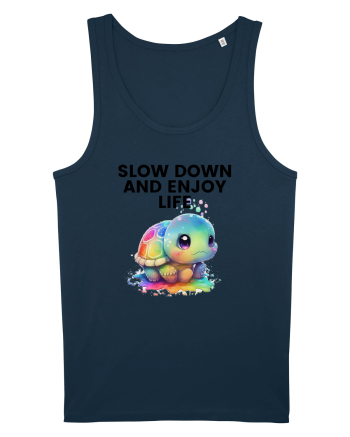 Broasca testoasa pictata in acuarela cu mesajul  Slow Down and Enjoy Life Navy
