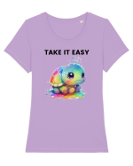 Broasca testoasa pictata in acuarela cu mesajul  Take it Easy Tricou mânecă scurtă guler larg fitted Damă Expresser
