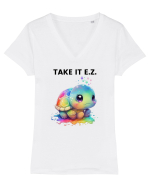 Broasca testoasa pictata in acuarela cu mesajul  Take it E.Z. Tricou mânecă scurtă guler V Damă Evoker