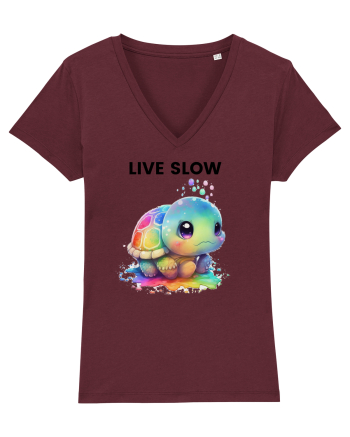 Broasca testoasa pictata in acuarela cu mesajul Live Slow Burgundy