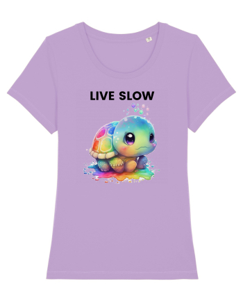 Broasca testoasa pictata in acuarela cu mesajul Live Slow Lavender Dawn