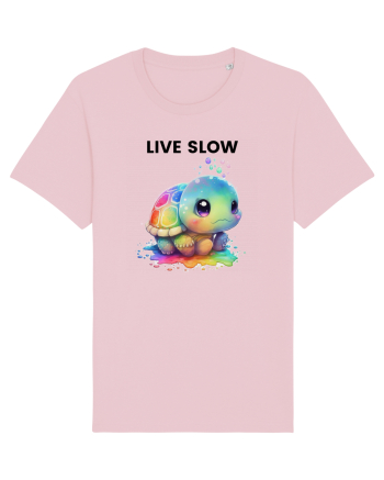 Broasca testoasa pictata in acuarela cu mesajul Live Slow Cotton Pink