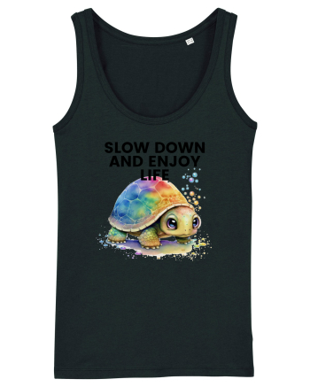 Broasca testoasa pictata in acuarela cu mesajul  Slow Down and Enjoy Life Black