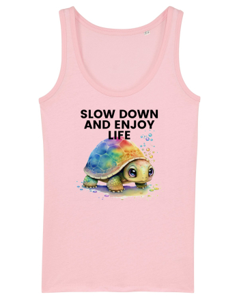 Broasca testoasa pictata in acuarela cu mesajul  Slow Down and Enjoy Life Cotton Pink