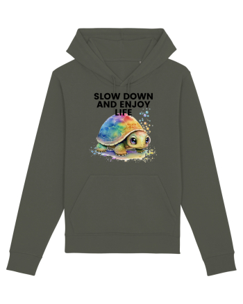 Broasca testoasa pictata in acuarela cu mesajul  Slow Down and Enjoy Life Khaki