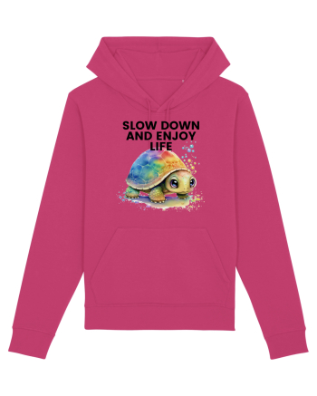 Broasca testoasa pictata in acuarela cu mesajul  Slow Down and Enjoy Life Raspberry