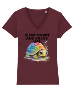 Broasca testoasa pictata in acuarela cu mesajul  Slow Down and Enjoy Life Tricou mânecă scurtă guler V Damă Evoker