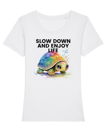 Broasca testoasa pictata in acuarela cu mesajul  Slow Down and Enjoy Life White