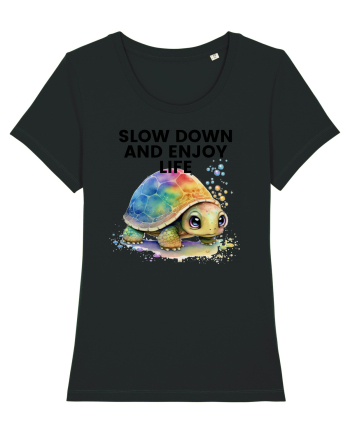 Broasca testoasa pictata in acuarela cu mesajul  Slow Down and Enjoy Life Black