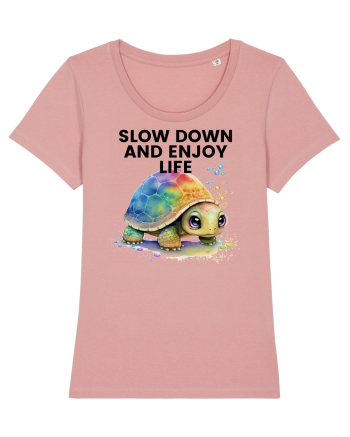 Broasca testoasa pictata in acuarela cu mesajul  Slow Down and Enjoy Life Canyon Pink